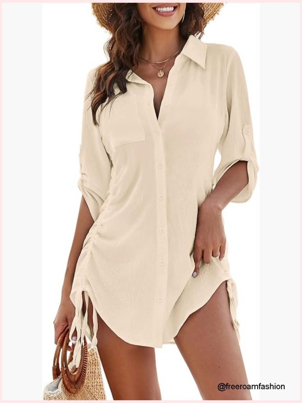 Button Down Drawstring Beach Dress Shirt Coverup - Tropical Print, Lightweight